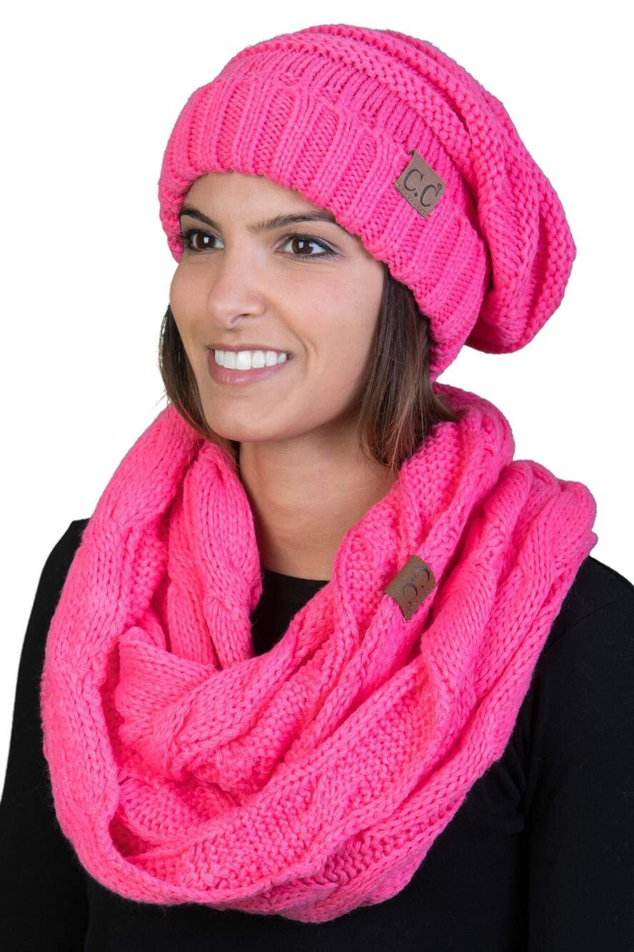 1292 Matching 2 Pack: Oversized Beanie & Infinity Scarf - Candy Pink